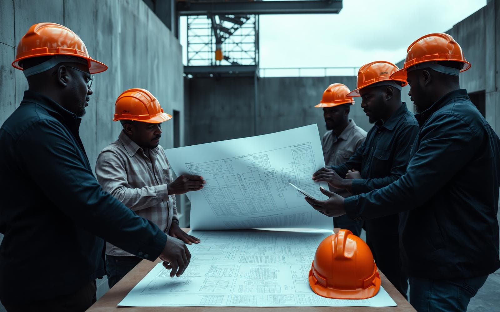 Echo Constructions engineers reviewing drawings on site in Cameroon