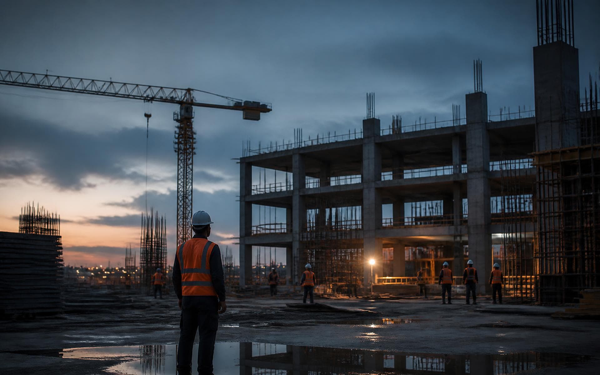 Echo Constructions engineers on a Cameroonian building site at dusk